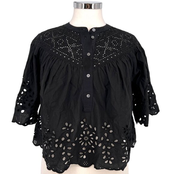 Madewell Embroidered Shirred Short Sleeve Cotton Blouse Black Size XS NWT - Picture 1 of 9